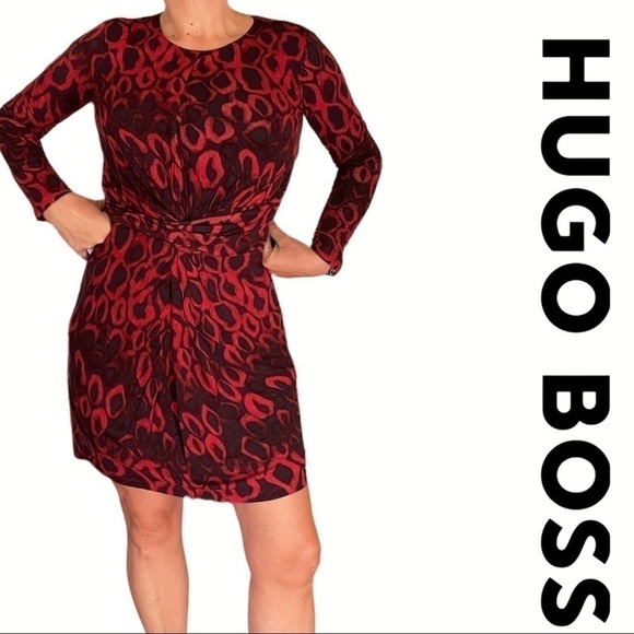 Hugo Boss black / red print  long sleeve, knee length dress size L - Picture 1 of 6